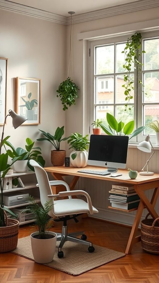 17 Inspiring Home Office Ideas for Men 1 A cozy and inviting home office with a wooden desk, computer, and various indoor plants.