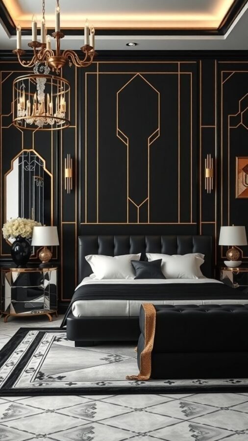 A luxurious black and gold Art Deco bedroom featuring geometric patterns, a plush bed, and elegant decor.