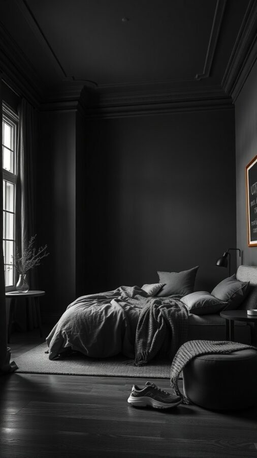 A stylish bedroom with dark grey walls, cozy bedding, and a touch of natural light.
