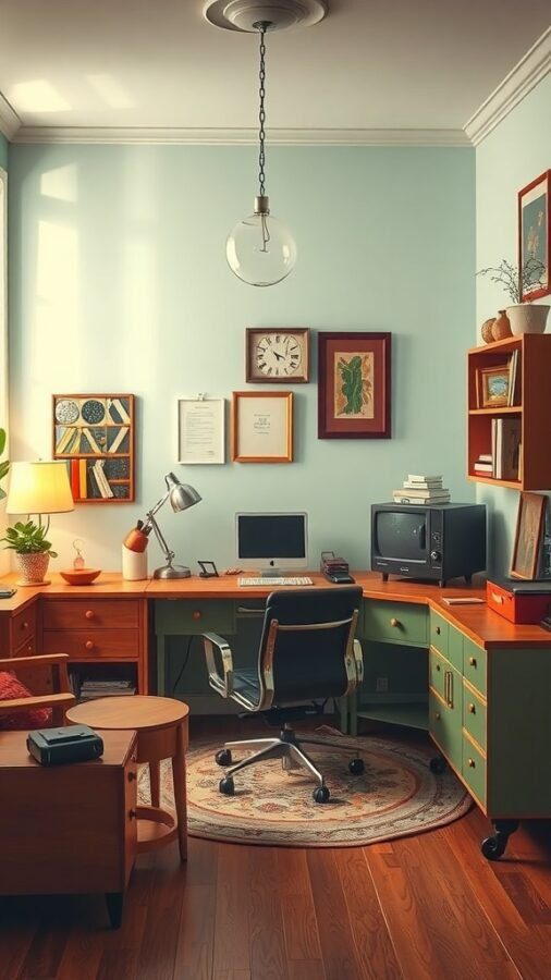 17 Inspiring Home Office Ideas for Men 7 A vintage-inspired home office with wooden furniture, blue walls, and retro decor.
