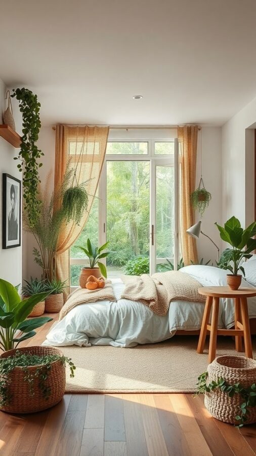 A cozy bedroom with plants, natural light, and soft furnishings, creating a nature-inspired atmosphere.
