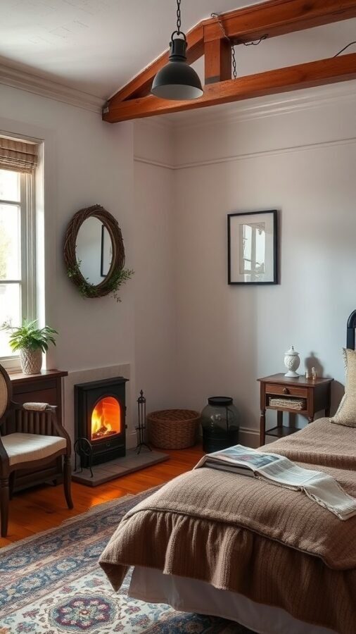 Cozy bedroom with a fireplace, warm lighting, and comfortable decor.