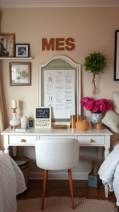 A stylish vanity setup featuring a white desk, round chair, and personal decor items.
