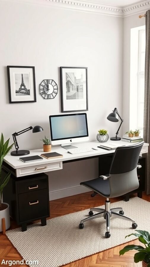 A modern home office setup featuring a white desk with black accents, a computer, and stylish decor.
