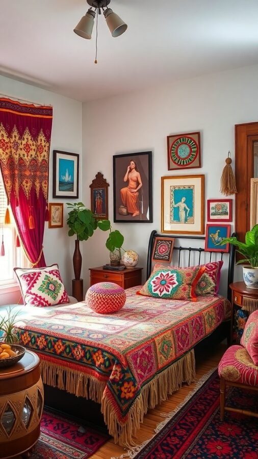 A cozy bohemian bedroom featuring a colorful bedspread, framed artwork, and plants.