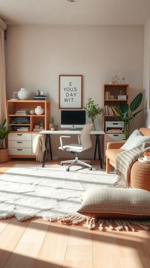 A cozy home office setup featuring a soft rug, chunky knit throw, and warm wooden furniture.