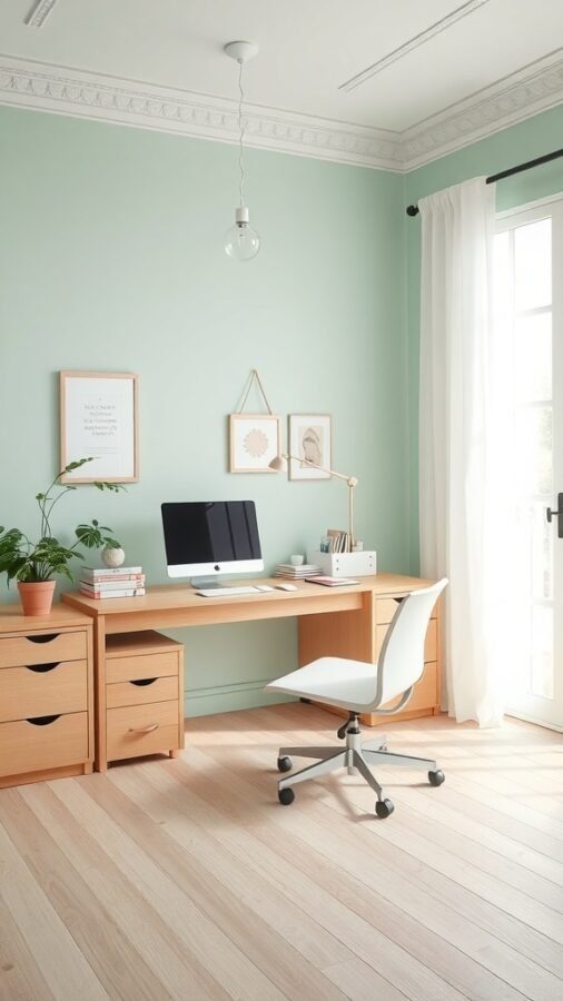 A light mint green home office with a wooden desk, white chair, and natural light.