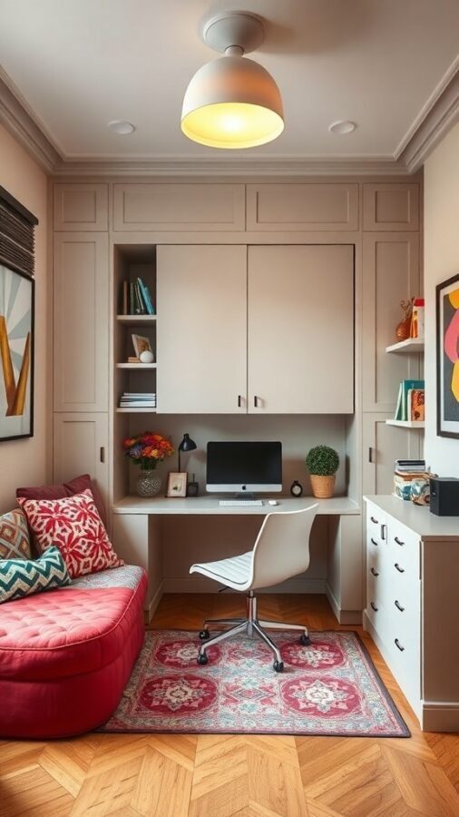 A cozy home office featuring a red sofa, a desk with a computer, and colorful decor.