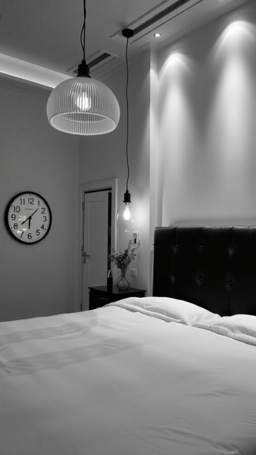 A black and white bedroom featuring dramatic lighting fixtures, including a ribbed pendant light and a bare bulb.