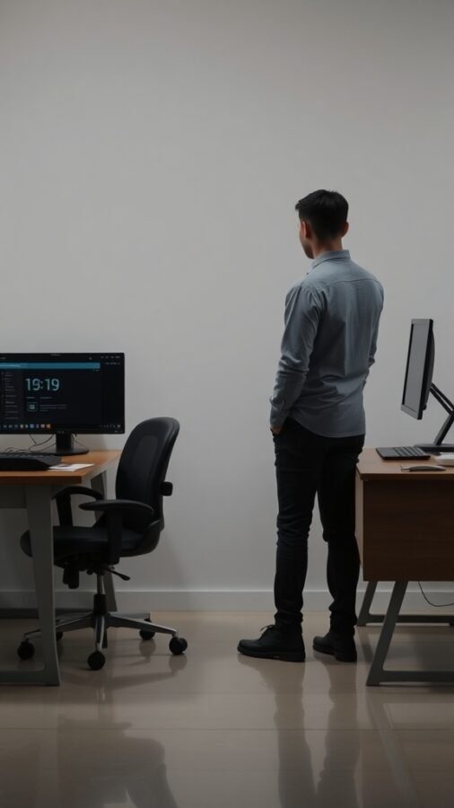 A person standing in a modern home office, looking at a computer screen, illustrating the concept of alternating between sitting and standing.