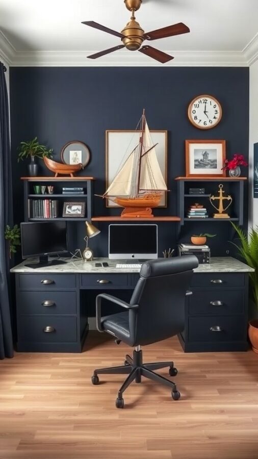 Nautical inspired home office with navy walls, a model sailboat on the desk, and a comfortable black chair.