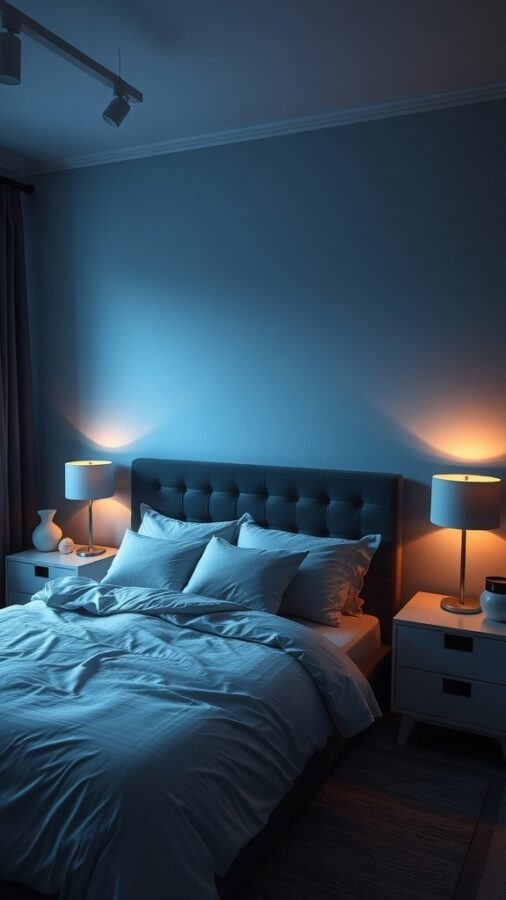 A cozy bedroom with blue walls and warm lighting from bedside lamps.