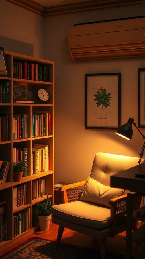 12 Stylish Home Office Ideas for Women 6 A cozy reading nook featuring a comfortable chair, a bookshelf filled with books, and warm lighting.