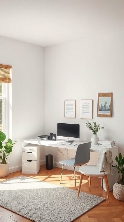 A bright and tidy home office setup featuring a desk, computer, and plants.