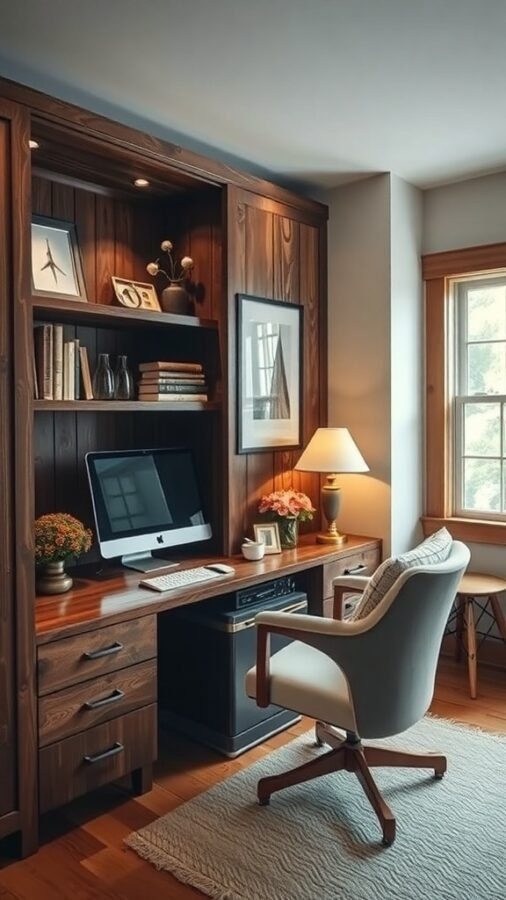 Cozy office space with wooden accents, computer, and decorative items.