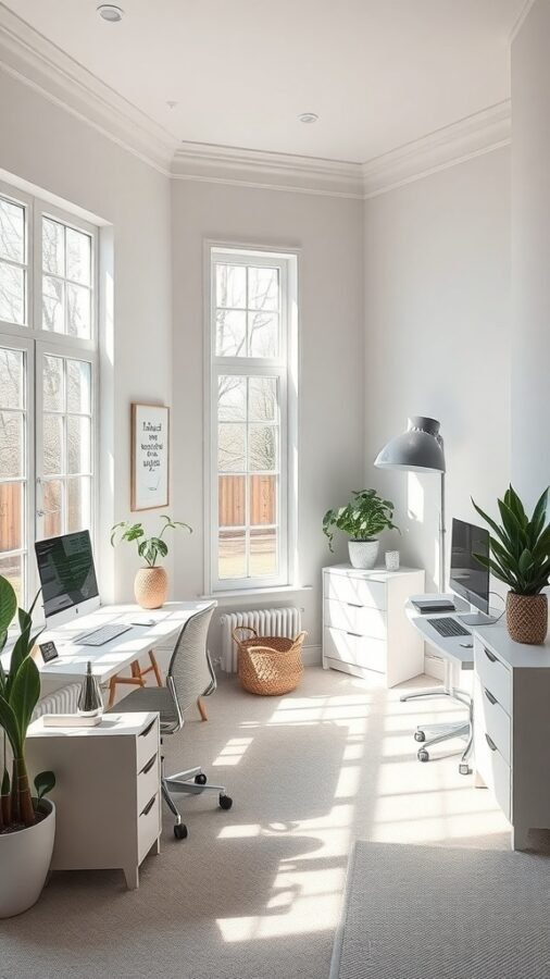 Bright home office setup with large windows, plants, and modern furniture.