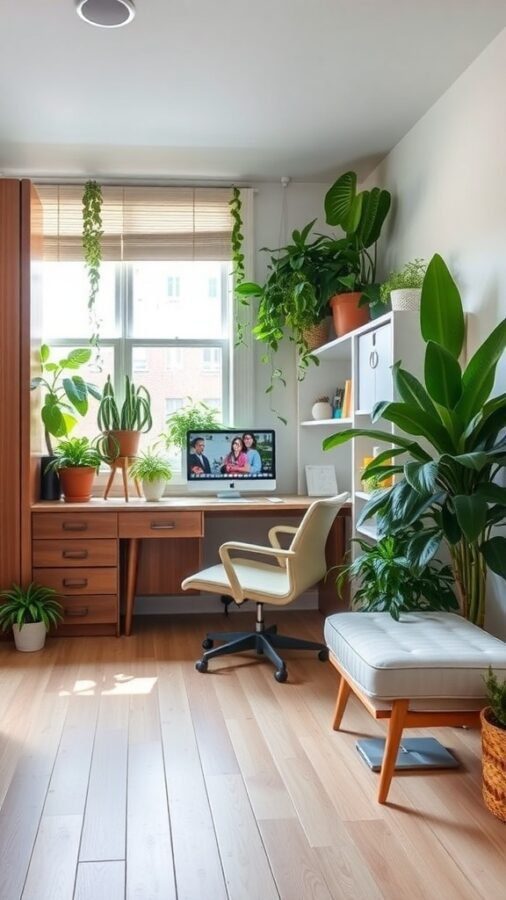 A bright office guest bedroom with a desk, chair, and various plants, creating a fresh and inviting atmosphere.