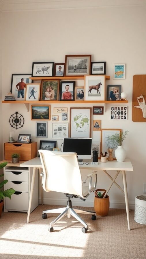 A cozy home office with a desk, chair, and a wall decorated with framed photos and artwork.