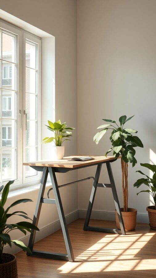 A bright home office with a standing desk by a window and potted plants.