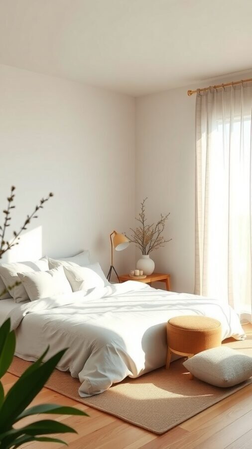 A serene bedroom with white linens, wooden furniture, and natural light.
