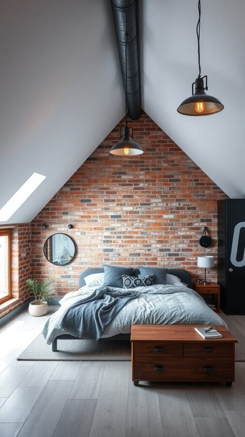 Cozy attic bedroom with exposed brick wall, modern furniture, and industrial lighting.