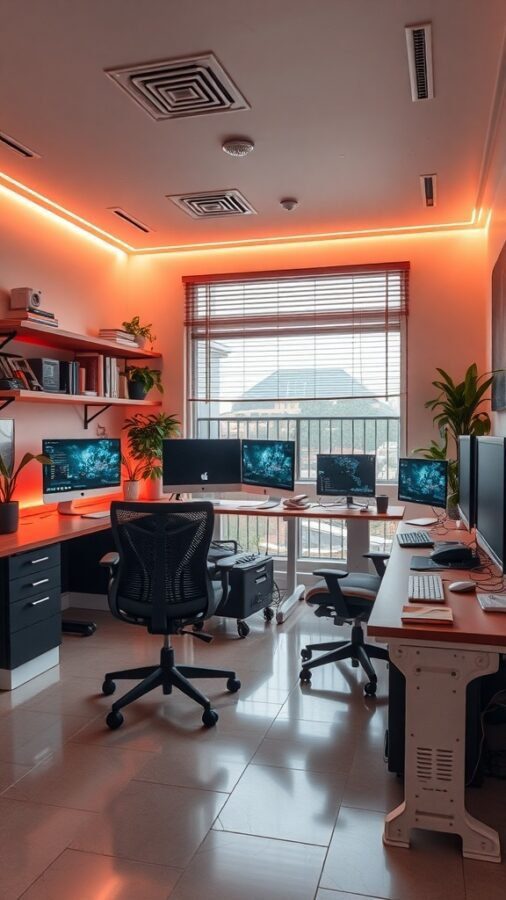 A modern tech-savvy home office with multiple monitors, LED lighting, and ergonomic chairs.