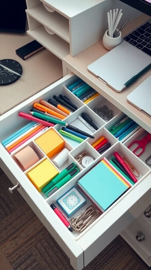 A neatly organized drawer filled with colorful stationery items and drawer organizers.