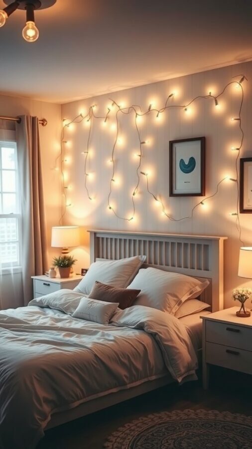 A cozy bedroom with string lights on the wall and bedside lamps illuminating the space.
