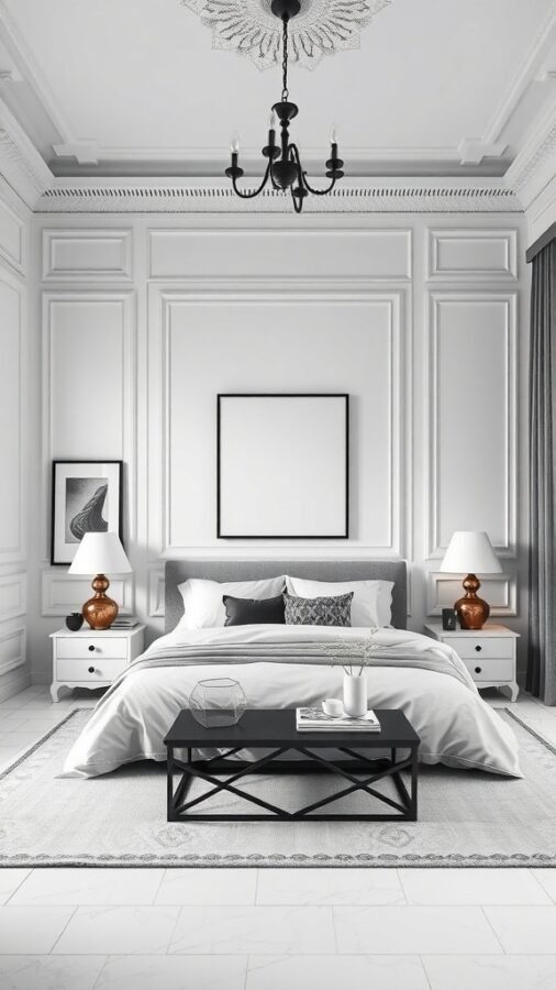 14 Stunning White Bedroom Ideas for a Dreamy Retreat 7 A stylish monochrome bedroom featuring white walls, gray bedding, and black and copper accents.