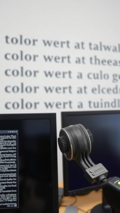 A color calibration device in front of two monitors displaying text.
