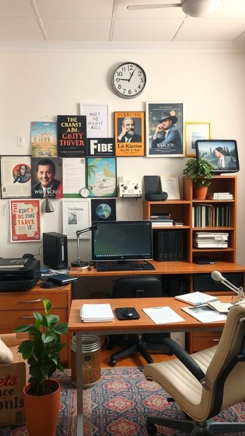 An office space featuring a desk, computer, and a wall decorated with posters and pictures.