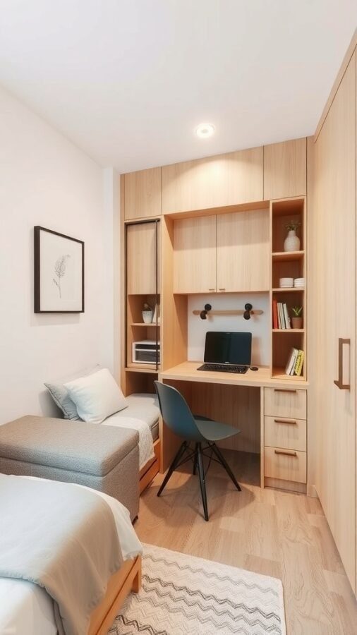 A small bedroom featuring multi-functional furniture, including a desk and storage ottoman.