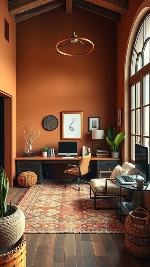 A cozy home office with earthy tones, featuring terracotta walls, wooden furniture, and plants.