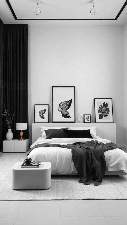 A modern bedroom featuring a monochrome palette with black and white decor, a cozy bed, and stylish artwork.