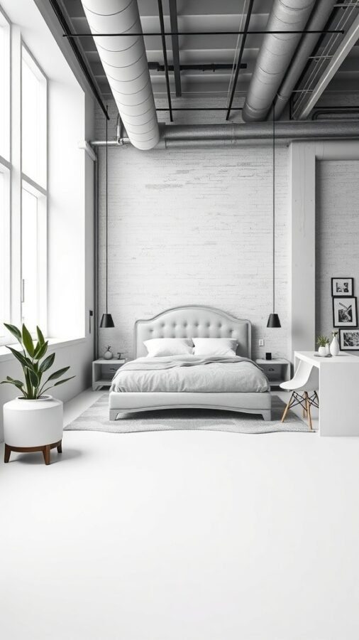 14 Stunning White Bedroom Ideas for a Dreamy Retreat 9 A contemporary urban loft bedroom with a gray bed, large windows, and industrial elements.