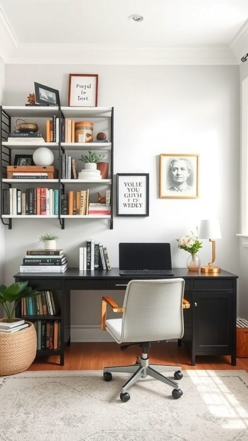 A stylish home office with personalized shelving, featuring books, decorative items, and a desk.