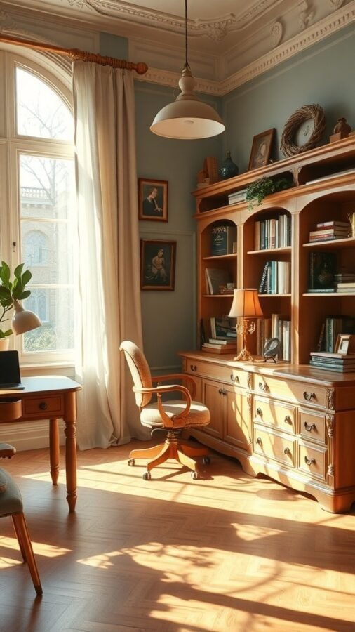 A vintage home office with wooden furniture, large window, and soft natural light.