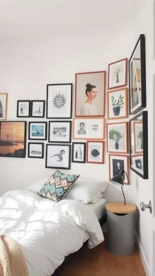 A cozy bedroom with a creative wall art arrangement featuring various framed artworks.