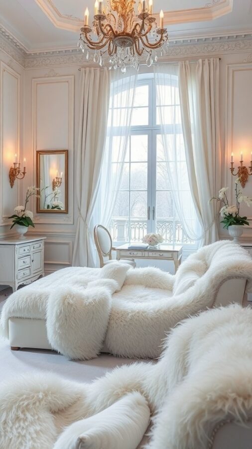 14 Stunning White Bedroom Ideas for a Dreamy Retreat 6 A luxurious white bedroom featuring plush textures, a chandelier, and large windows.
