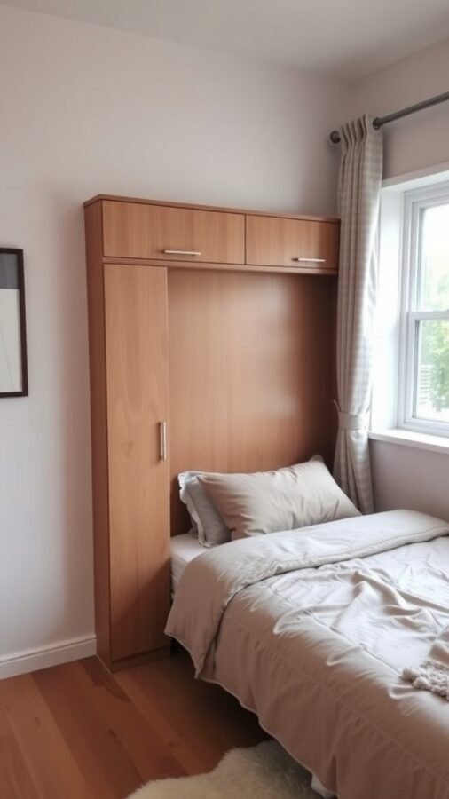 A stylish Murphy bed in a small bedroom, showcasing a warm wood finish and simple design.