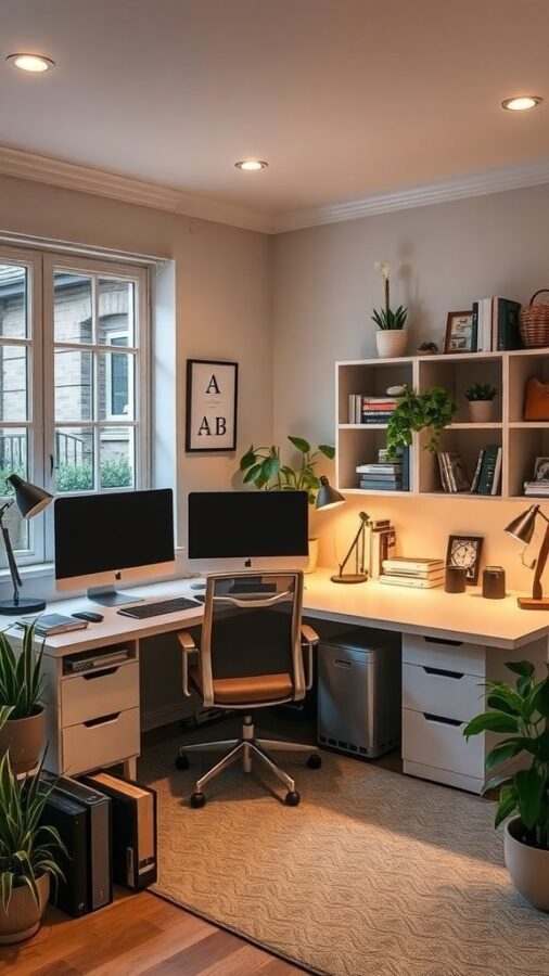 A modern home office setup featuring two computer monitors, a comfortable chair, and various plants, illuminated by natural light from a window and task lamps.