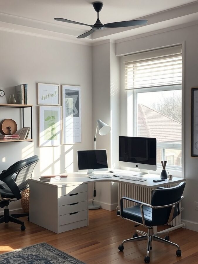 A modern home office featuring dual monitors, an ergonomic chair, and natural light.