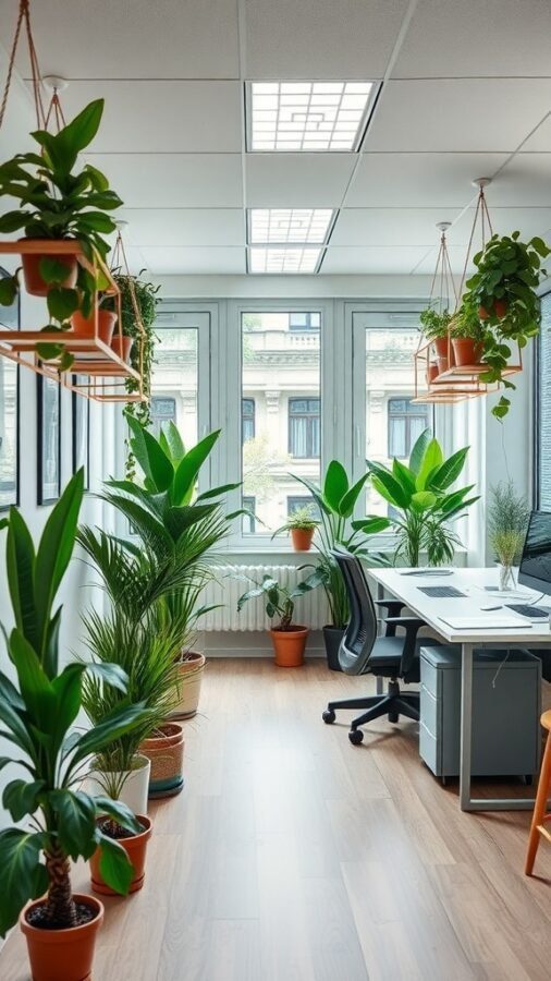 15 Creative Small Home Office Ideas for Maximum Productivity 10 A small home office filled with various indoor plants, featuring a desk and chair near large windows.