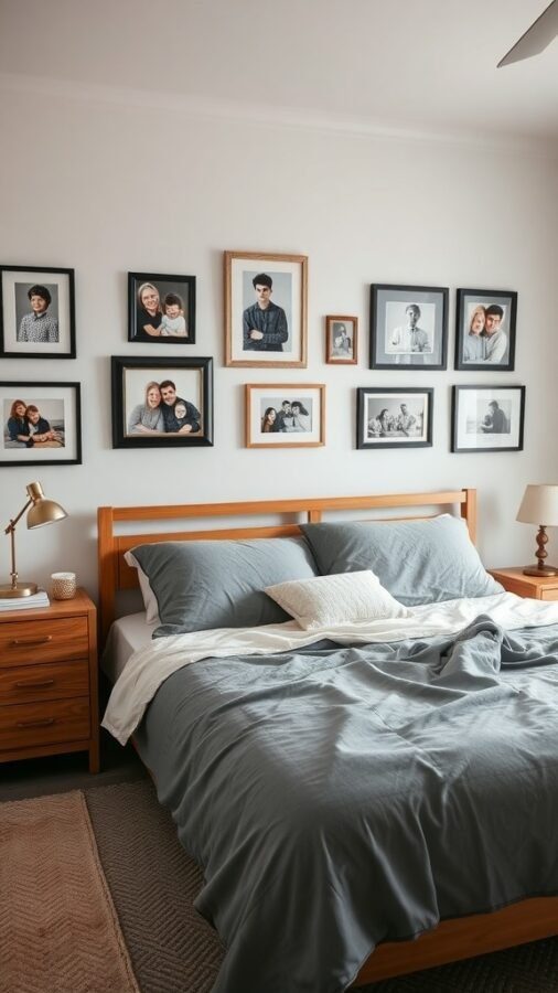 Cozy bedroom featuring a gallery wall of family photos in various frames.