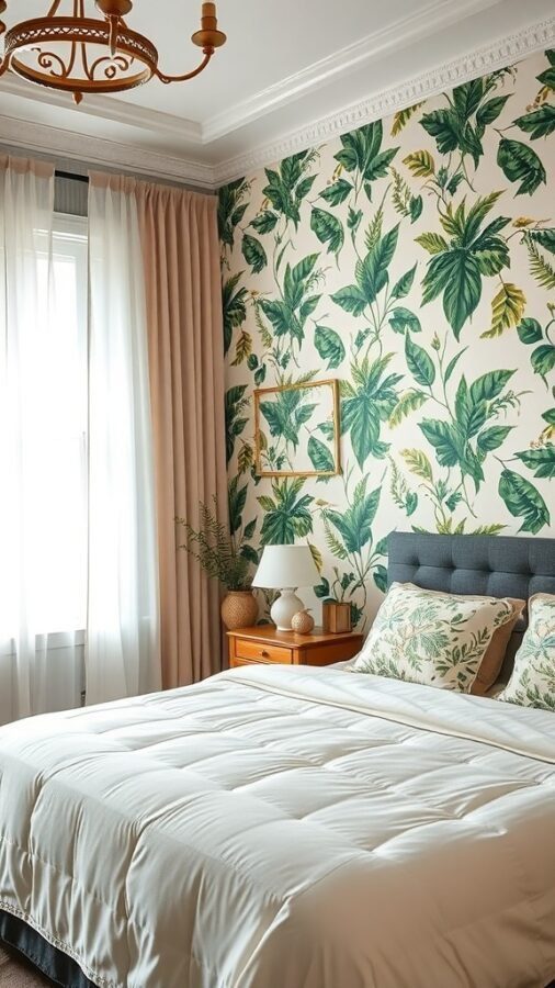 A cozy bedroom featuring botanical wallpaper with green leaves, soft bedding, and natural light.