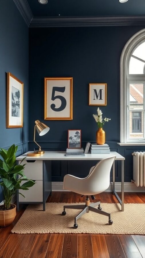 A cozy navy blue home office with a desk, chair, and framed art on the walls.