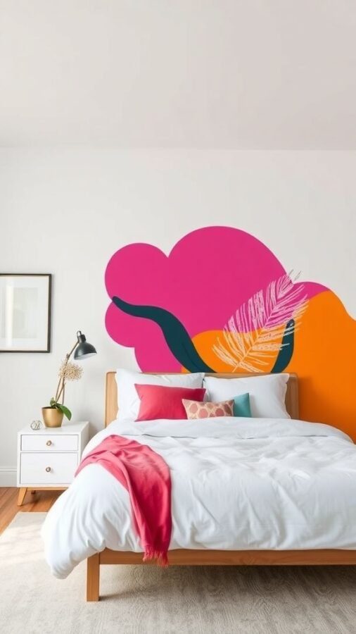 A bedroom featuring a bold accent wall with pink and orange colors, a white bedspread, and decorative pillows.