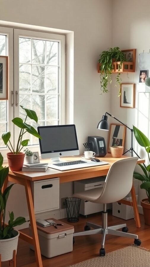 A small home office with a desk, computer, plants, and natural light
