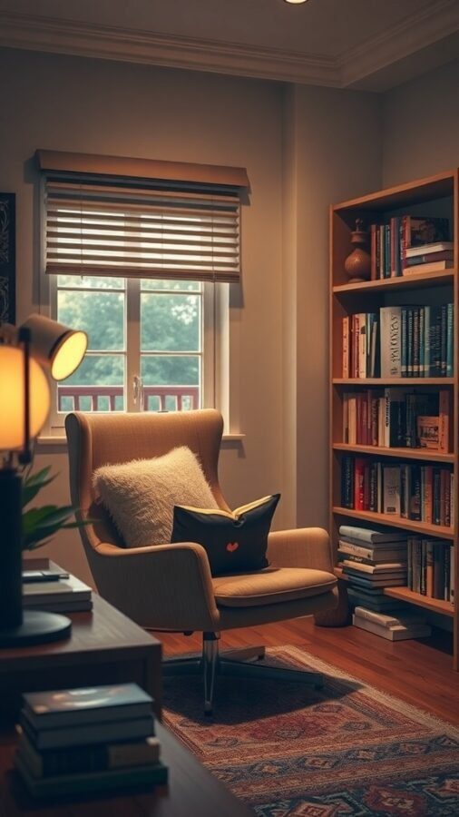 A cozy reading nook featuring a comfortable armchair, a soft pillow, and a bookshelf filled with books, illuminated by natural light.