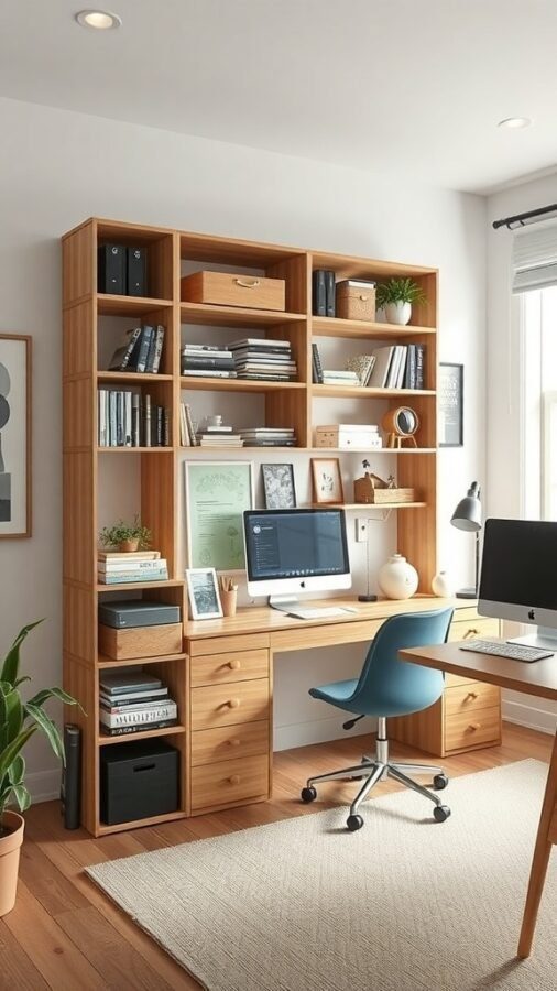 A stylish shared office space featuring a wooden shelving unit, a desk with storage, and plants.